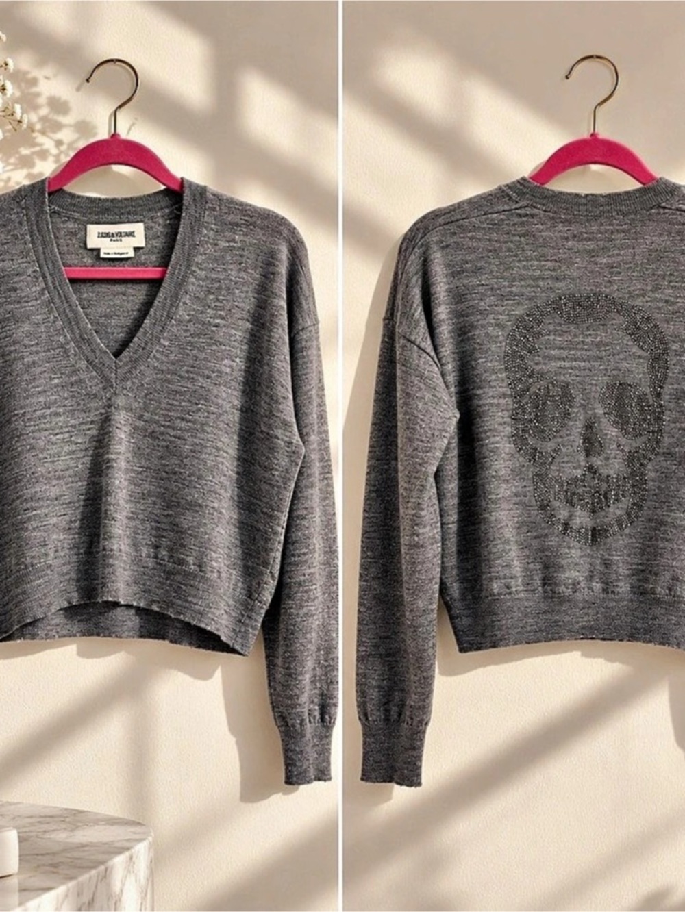 Zadig & Voltaire Happy Merino Wool Skull Sweater Merino Wool Skull Gray V-Neck